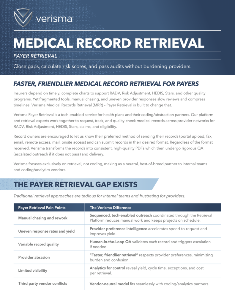 Verisma Health Plans Medical Record Retrieval Product Sheet